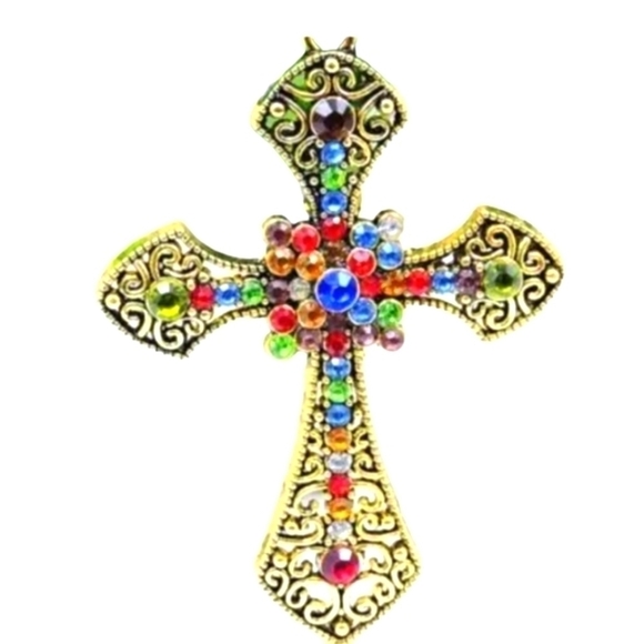 Betsey Johnson Cross necklace gold tone, multi color rhinestones NWT - Picture 1 of 6